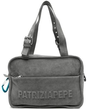Patrizia Pepe Logo-Embossed Suede Shoulder Bag - Grey