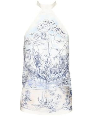 Ferragamo Voyage-Print Halterneck Blouse - White