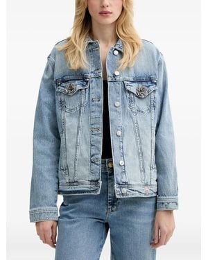 Guess Crystal-Embellished Floral-Patch Denim Jacket - Blue
