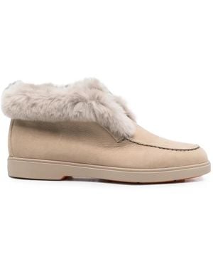 Santoni Shearling-Trim Leather Loafers - Natural