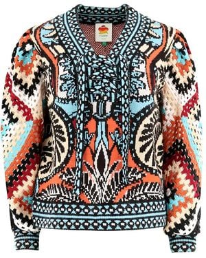 FARM Rio Crochet-Construction V-Neck Sweater - Black