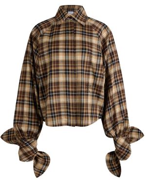 Patou Bow-Sleeve Check Blouse - Brown