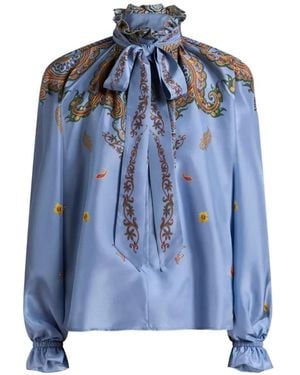 Etro Silk Blouse With Silk Scarf And Placed Floral Paisley Print - Blue