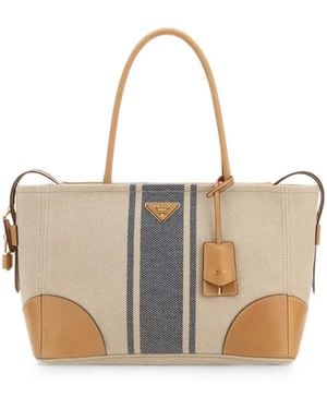 Prada Logo-Plaque Striped Tote Bag - Natural