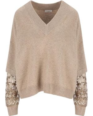 Brunello Cucinelli Pullover mit Paillettenstickerei - Natur