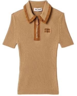 Miu Miu Ribbed Trimmed Polo Sweater - Natural