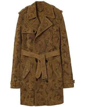 Burberry Mid-Length Paisley Suede Lawshall Trench Coat - Natural