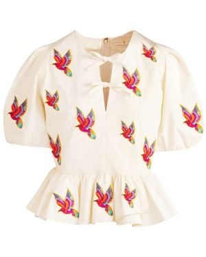 Marie Oliver Estella Embroidered Puff-Sleeve Peplum Top - Pink