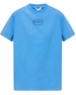 Ganni Logo-Print Cotton T-Shirt - Blue