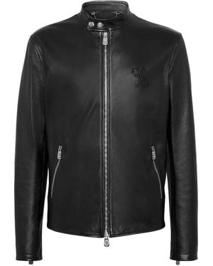 Billionaire Embroidered Zip-Fastening Leather Jacket - Black