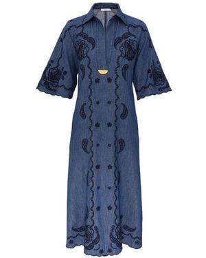 Zimmermann Aster Embroidered Scalloped-Hem Midi Dress - Blue
