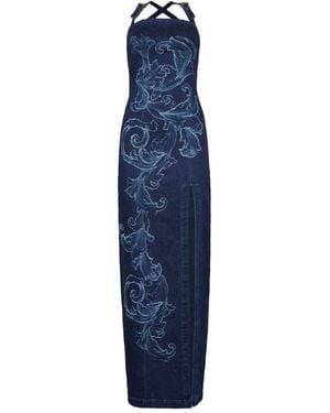 Versace Jeans Couture Baroque-Embellished Denim Dress - Blue