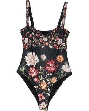 Agua Bendita Limon Paramo Ruffled-Floral Swimsuit - Black