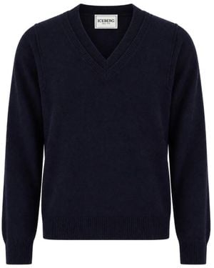 Iceberg Logo-Embroidered V-Neck Sweater - Blue