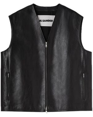 Jil Sander Logo-Embossed Zip-Up Leather Gilet - Black