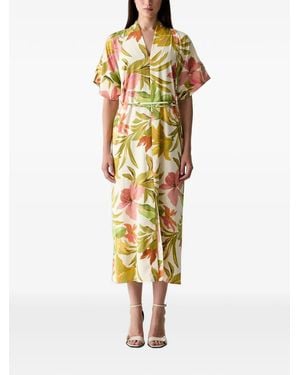 Joseph Ribkoff Floral-Print Tie-Waist Midi Dress - Metallic
