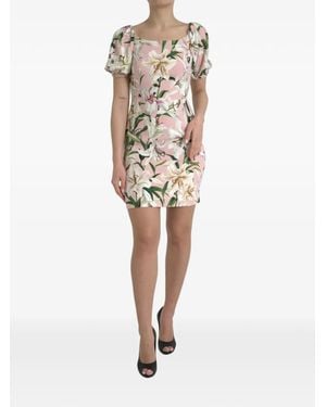Dolce & Gabbana Lily-Print Puff-Sleeve Mini Dress - White