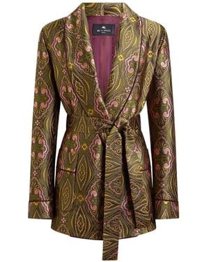 Etro Jacquard Jacket With Belt And Floral Medallion Motif - Brown