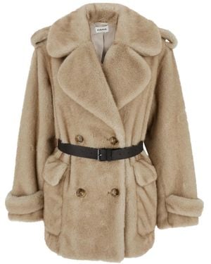 P.A.R.O.S.H. Belted Double-Breasted Eco Fur Jacket - Natural