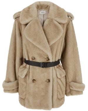 P.A.R.O.S.H. Belted Double-Breasted Eco Fur Jacket - Natural
