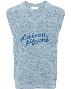 Maison Kitsuné Embroidered-Logo V-Neck Cotton Vest - Blue