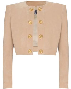 Balmain Button Cropped Leather Jacket - White