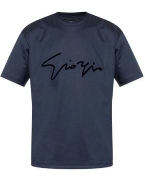 Giorgio Armani Signature-Embroidered Cotton T-Shirt - Blue