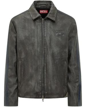 DIESEL Stripe-Zip Leather Jacket - Gray