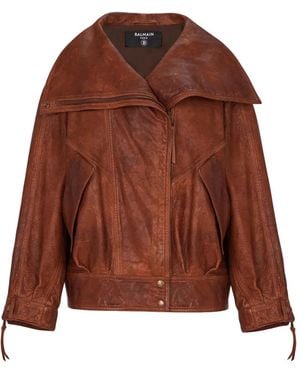 Balmain Chaqueta Bómber De Piel De Borrego Con Cremallera - Marrón