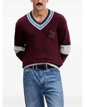 Benetton Pull Rayé À Col V - Red