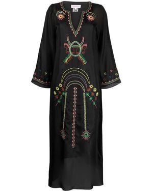 Muzungu Sisters Embroidered Split-Neck Silk Dress - Black