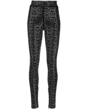 Philipp Plein Monogram-Print Embellished Leggings - Black
