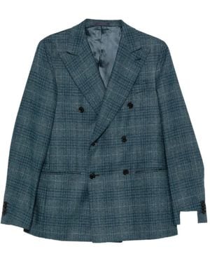 Caruso Double-Breasted Checked Blazer - Blue