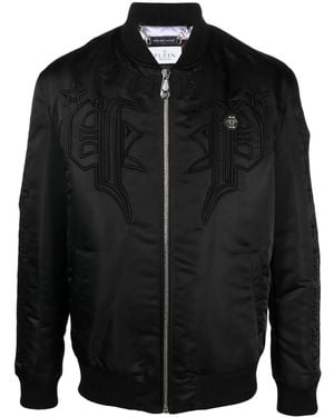 Philipp Plein Logo-Embroidered Satin Bomber Jacket - Black