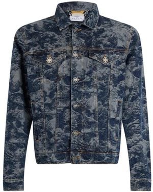 Philipp Plein Skull-Print Denim Jacket - Blue