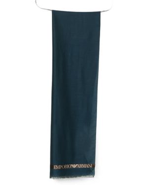 Emporio Armani Logo-Print Frayed Scarf - Blu