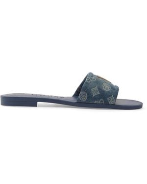 Guess Elysone Monogram-Print Logo-Patch Sandals - Blue