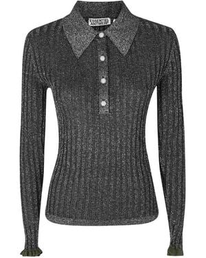 Essentiel Antwerp Ribbed-Knit Metallic Polo Top - Black