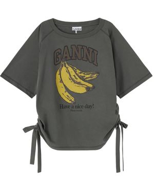 Ganni Anthracite Ss T-Shirt Banana Logo Bow - Grey