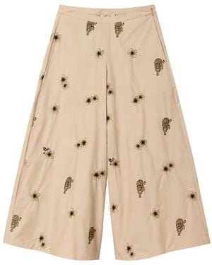 Twinset Floral-Embroidered Wide-Leg Pants - Natural