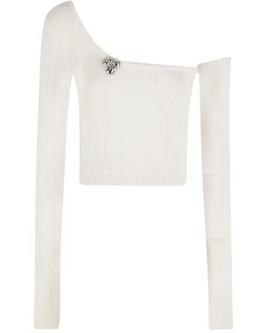 Blumarine Flower-Appliqué One-Shoulder Top - White
