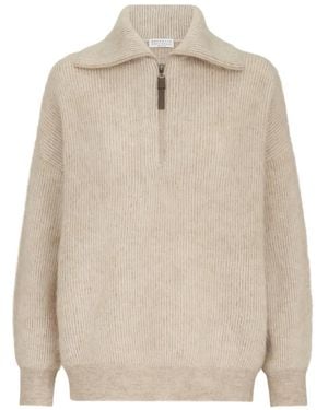 Brunello Cucinelli Mohair And Wool Vanisé English Rib High-Neck Sweater With Half-Zip - Natural
