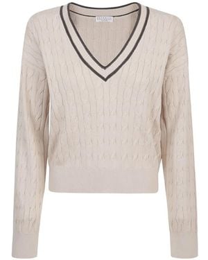 Brunello Cucinelli Cable-Knit V-Neck Jumper - White