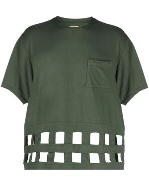 Kapital Windowpane Eyelet-Detail Cotton T-Shirt - Green