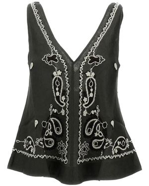 P.A.R.O.S.H. Intricate Embroidered Linen Top With V-Neckline - Black