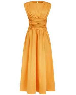 Toccin Evangeline Strong-Shoulder Ruched Midi Cotton Dress - Yellow