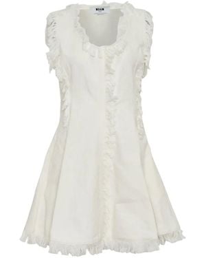 MSGM Frayed-Trim Textured Mini Dress - White