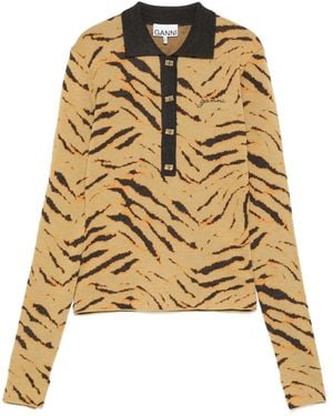 Ganni Zebra-print Polo Top - メタリック