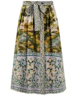 FARM Rio Landscape-Print Belted Midi Skirt - Grey