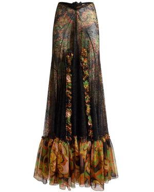 Etro Silk Maxi Skirt With Lace And Floral Motif - Natural